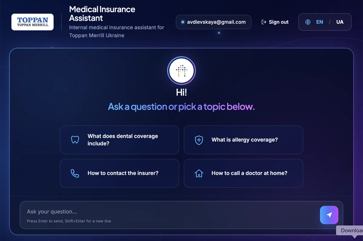 Medical Insurance Assistant — chat home with topic shortcuts and ask box